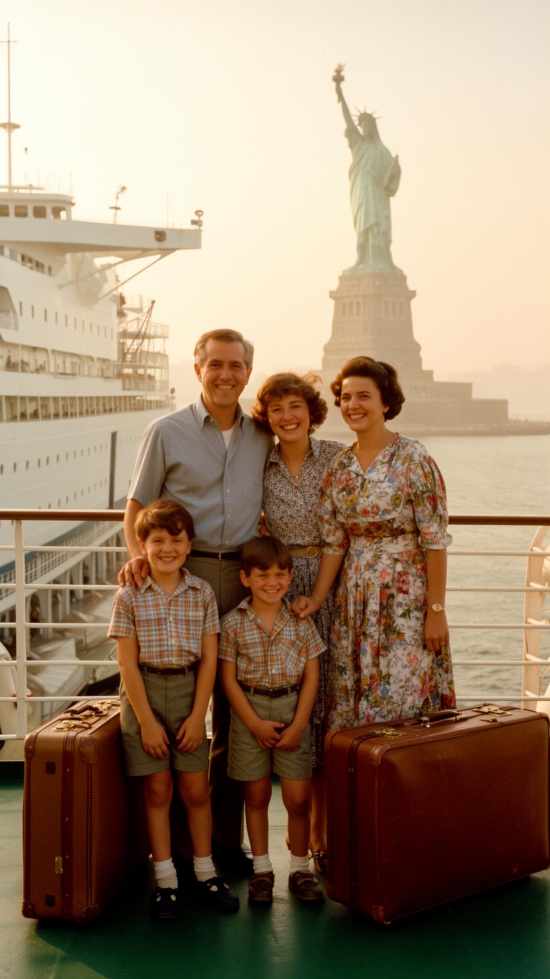 Smiling Italian family arriving at the Port of New York, early 1960s