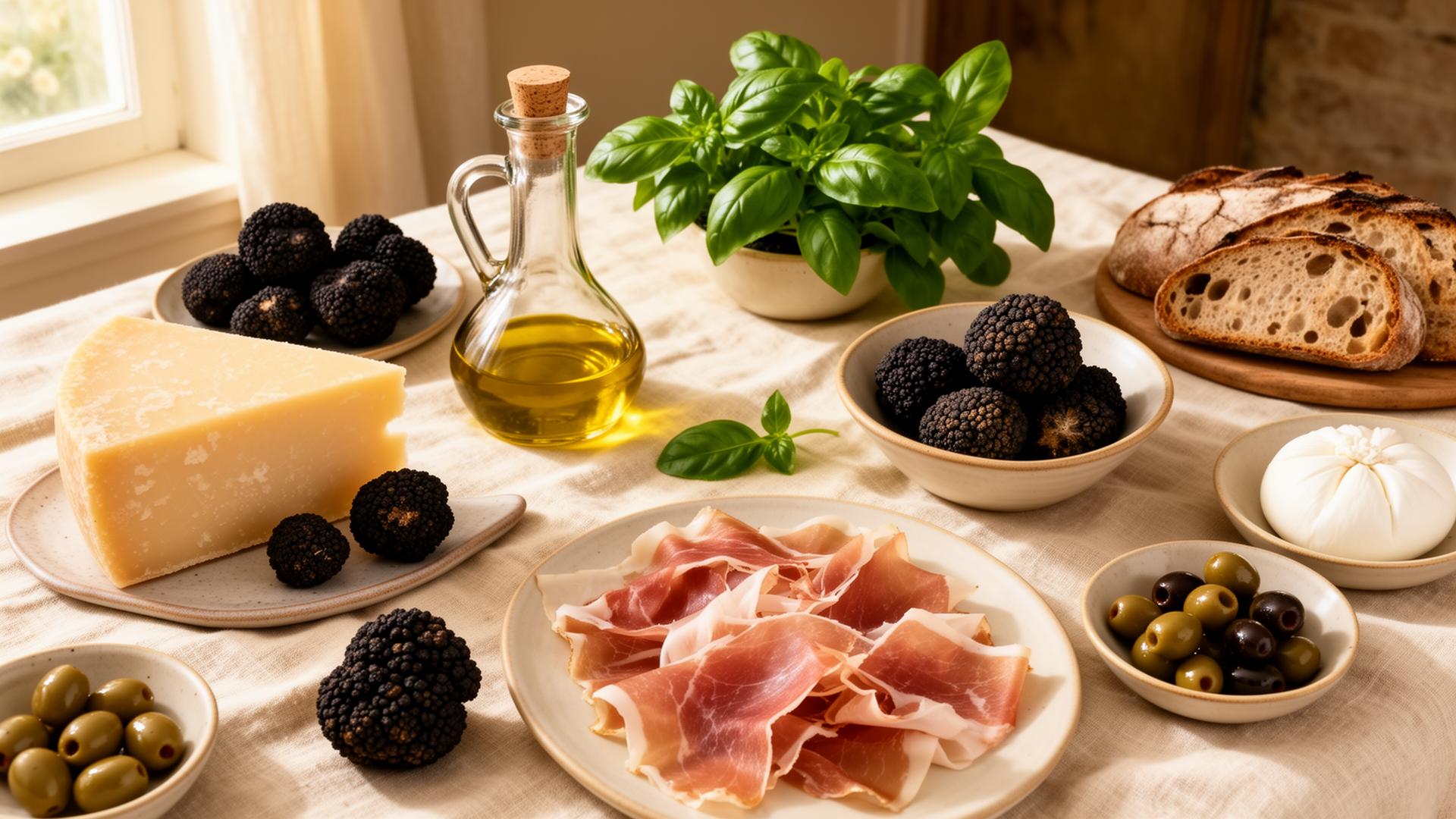 Mediterranean specialty foods on linen